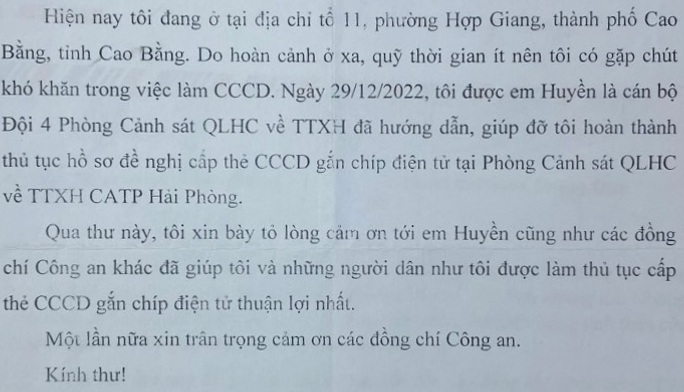 Nhân dân gửi thư cảm ơn cán bộ Đội 4, Phòng Cảnh sát QLHC về TTXH
